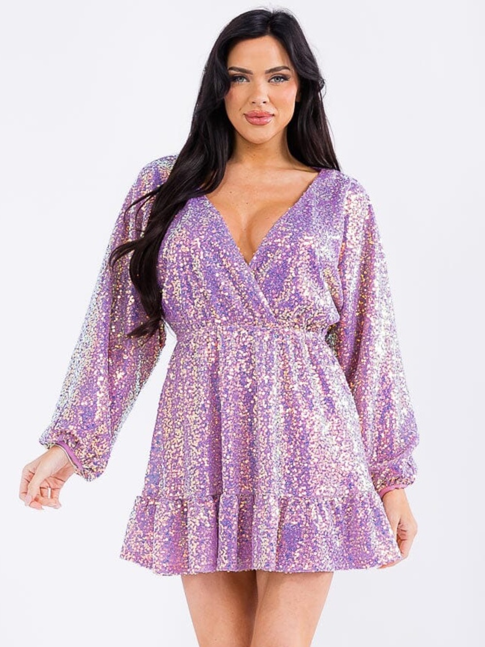 Strut & Bolt | Estella Long Sleeve Surplice Sequin Mini Dress Lilac Purple New